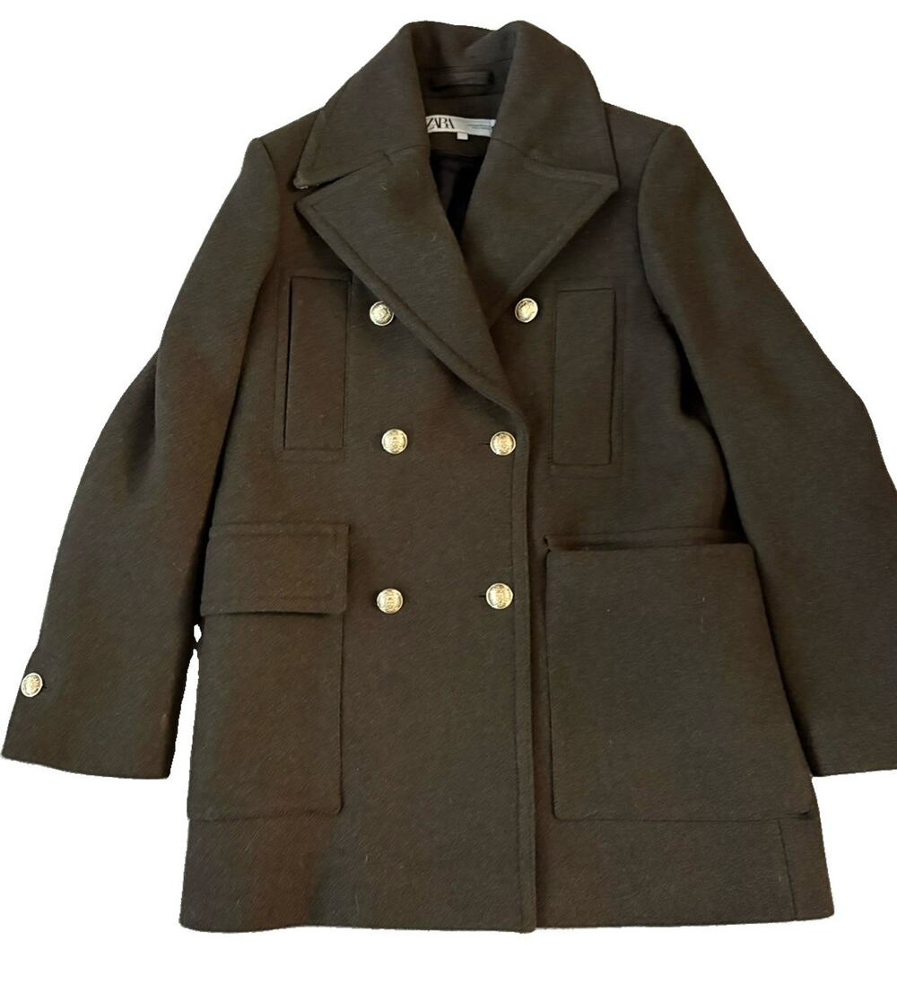Zara Women's Long Sleeve Gold Button Detail 2-Pocket Pea Coat Brown Size XS